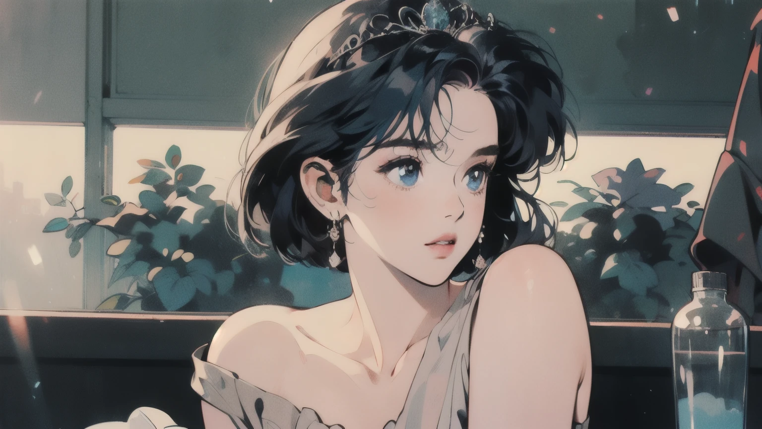 masterpiece, best quality, high quality, very detailed CG uniform 8k wallpaper, 1 woman, alone, blue hair, Tattoo, Short hair, have, bijouterie, laugh, 목걸this, Looking at the audience, have, realistic, dehisce, this, upper body, vest, nose, bare shoulders, 아티스트 this름, Black Tiara, clavicle, arm Tattoo, blue eyes, Lips, blur, oil painting, 수상 경력this 있는 사진, bokeh, depth of field, HDR, flower, chromatic aberration, realism, very detailed, 아트스테this션 복잡한, high detail, dramatic, art during travel