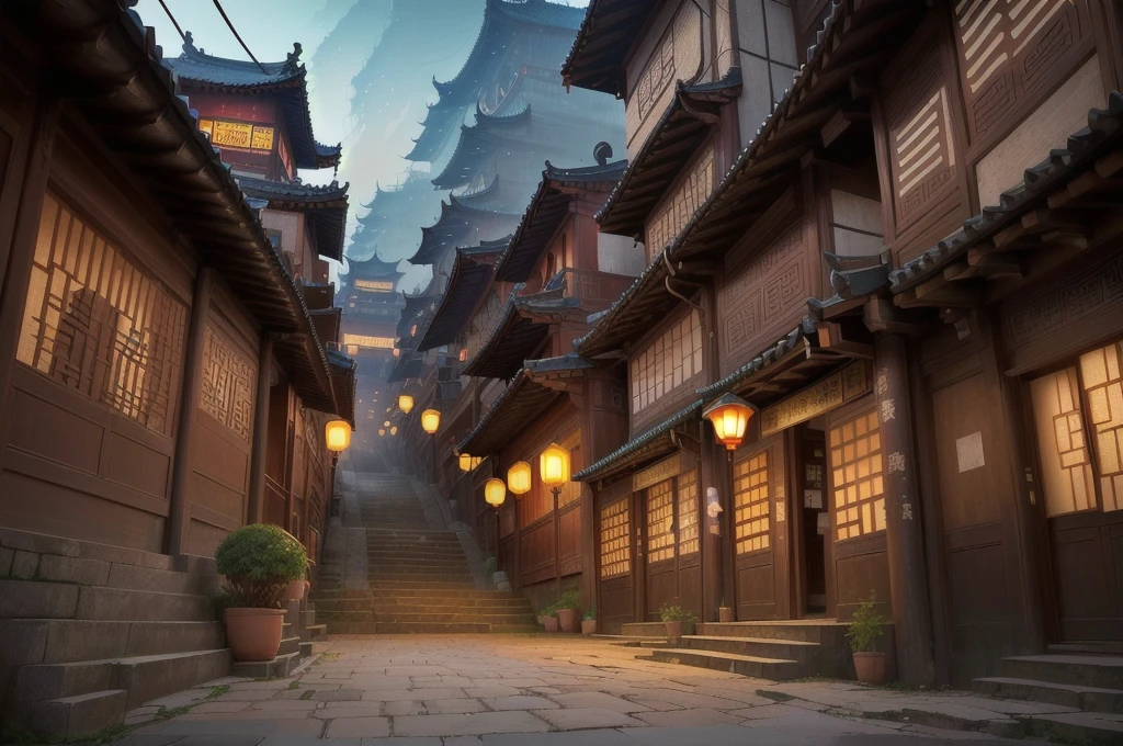 there is a narrow street,There are many buildings and plants, Dream China Town, china village, andreas rocha style, Cyberpunk ancient Chinese castle, Beautiful rendering of the Tang Dynasty, ancient city landscape, The ancient city streets behind her, author:Victor Wang, old asian village, Inspired by Zhang Sengyao, Pan Chengwei on artstation, In an ancient city , ((low angle shot 1.7)) ((Camera lens close to the ground to shoot 1.8))