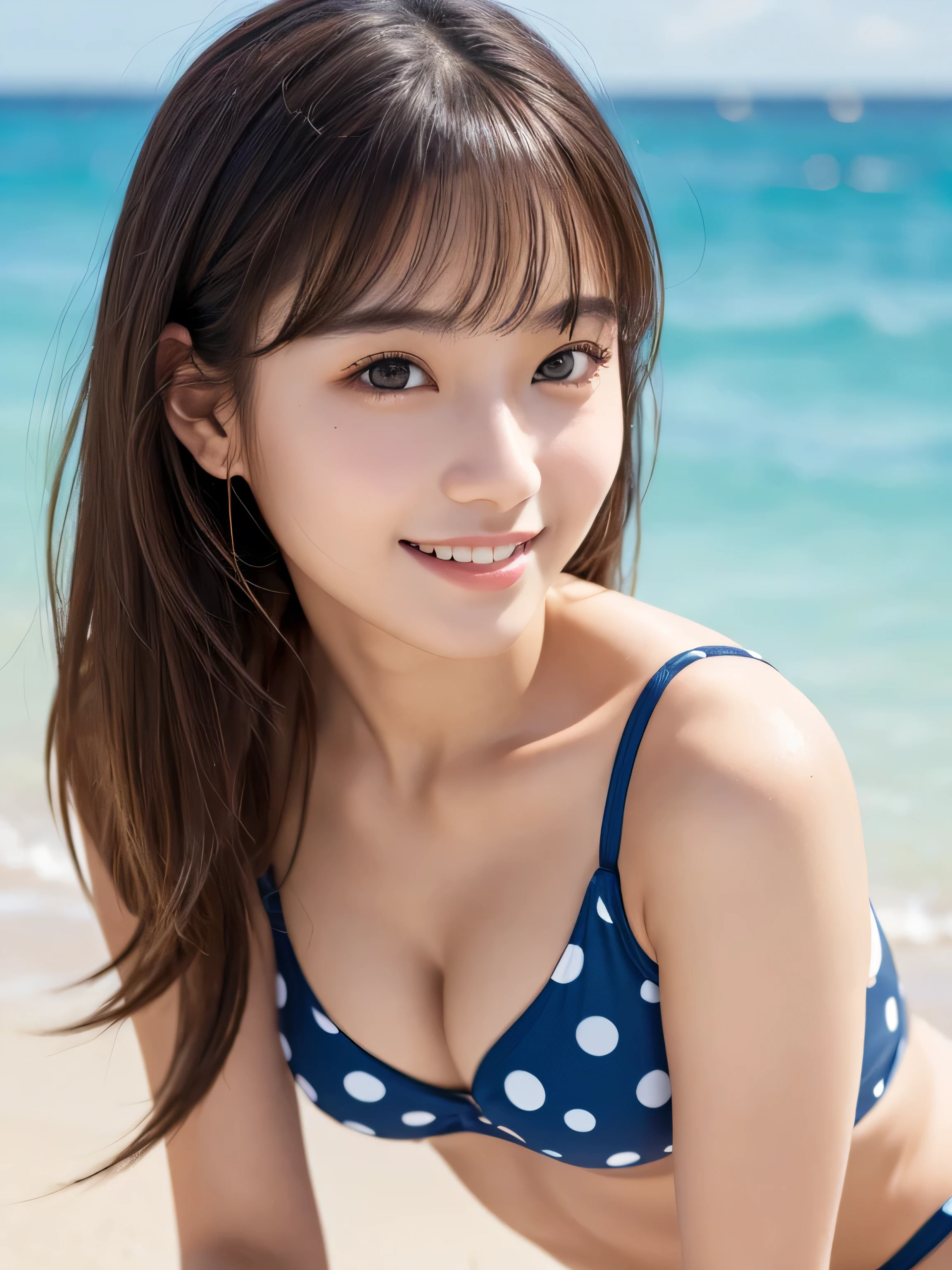 Tabletop, Highest quality, shape, Very detailed, High resolution, 8k wallpaper, Perfect dynamic composition, Beautiful and beautiful eyes, Cute eyes,(beautiful sea),Natural Lip,Cute swimsuit,Polka dot swimsuit,Large Breasts,Very fine grain definition,(Round face),beautiful girl,,Realistic,Tiny bangs,Droopy eyes,A kind smile,Brown Hair,Aligned teeth,Exposed Skin,Full body pose,(Symmetrical eyes:1.2),White skin