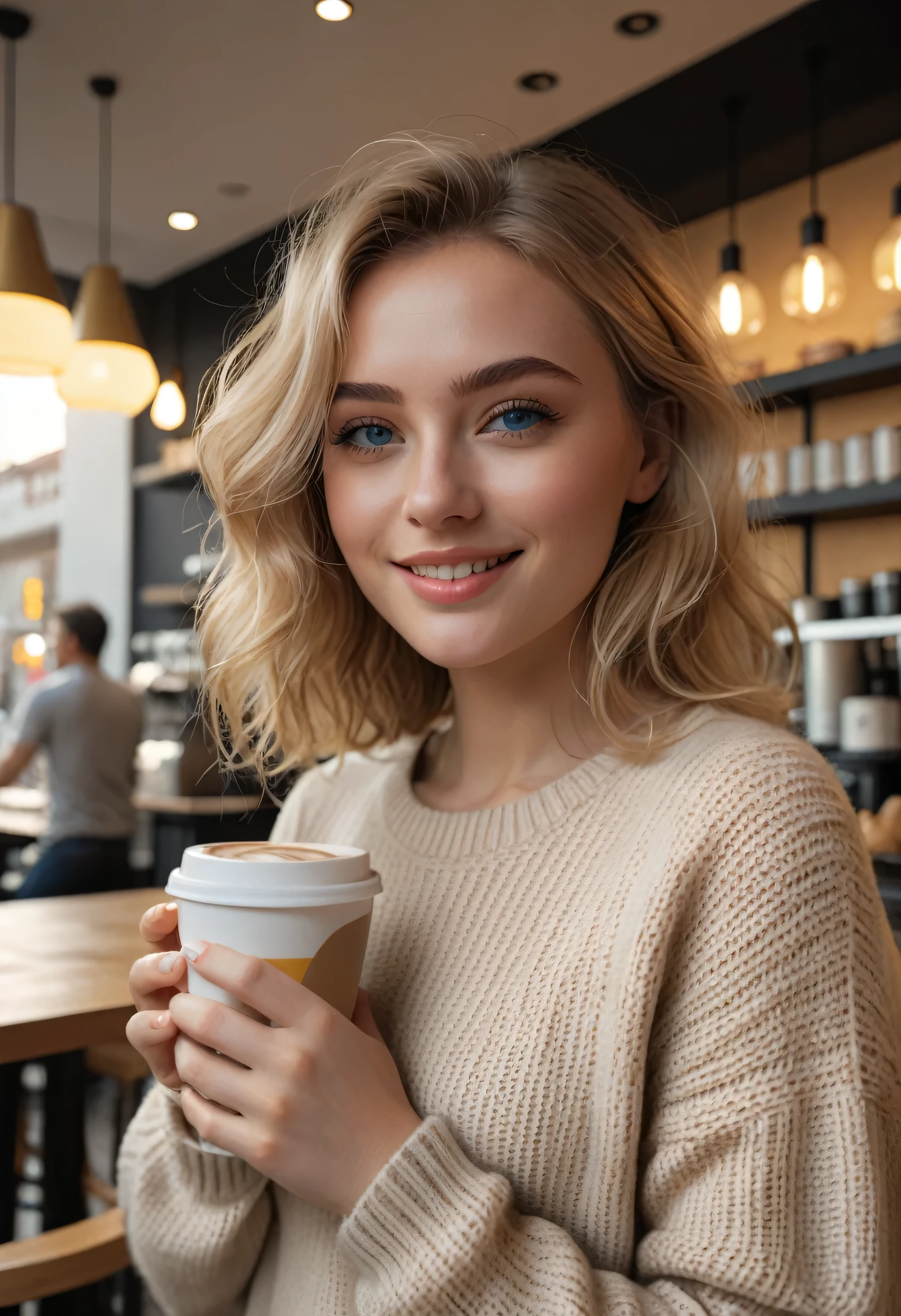 Beautiful blonde in beige sweater (drinking coffee inside a modern cafe at sunset), Very detailed, 21 years, innocent face, natural wavy hair, blue eyes, High resolution, masterpiece, Best Quality, intricate details, Very detailed, sharp focus, detailed skin, realist skin texture, texture, detailed eyes, professional, 4k, charming smile, shot on Canon, 85mm, shallow depth of field, Kodak Vision Color, body in perfect shape, extremely detailed, Photo_\(ultra\), photorealist, realist, post processing, maximum detail, roughness, real life, ultra realist, photorealism, Photography, 8k hd, Photography