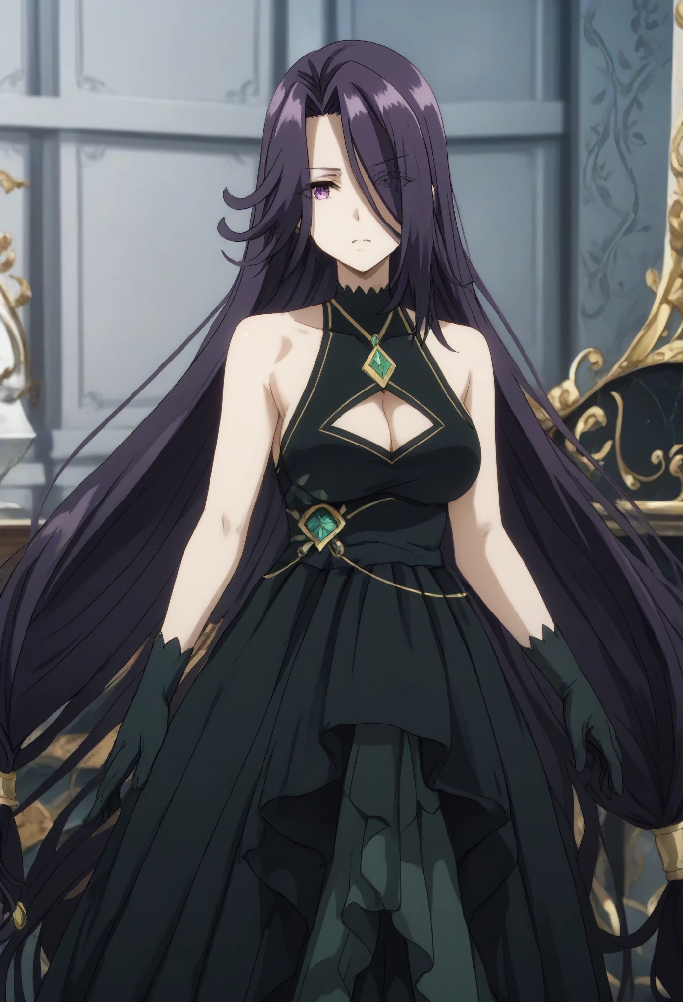 aurora, long hair, purple hair, very long hair, purple eyes, hair over one eye,gloves, dress, cleavage, bare shoulders, sleeveless, black gloves, black dress, clothing cutout, cleavage cutout,