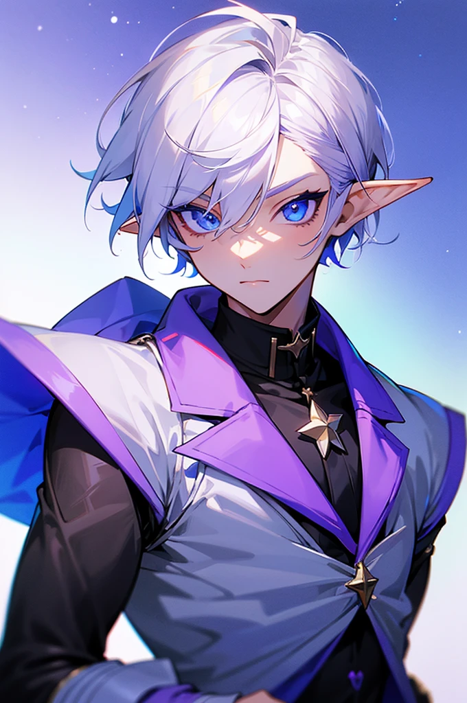 Create a vtuber boy who is a star elf and has white hair purple and blue eyes blue and purple skin black clothes 