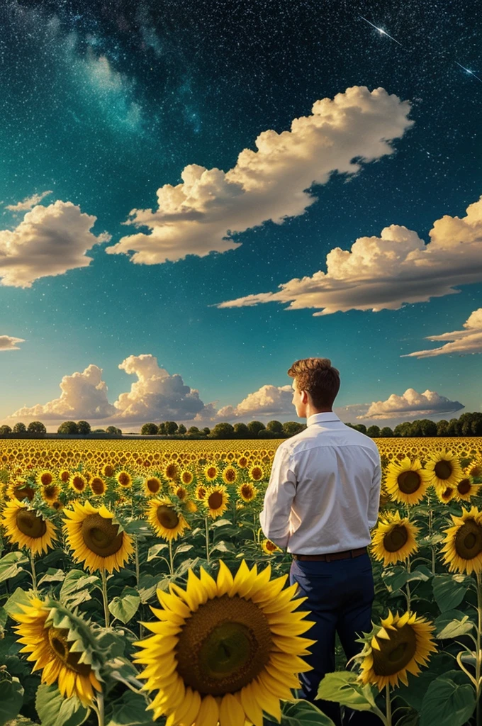 A young man and a white cat in a field of sunflowers looking together from afar at the horizon a sky of stars by Van Gogt.