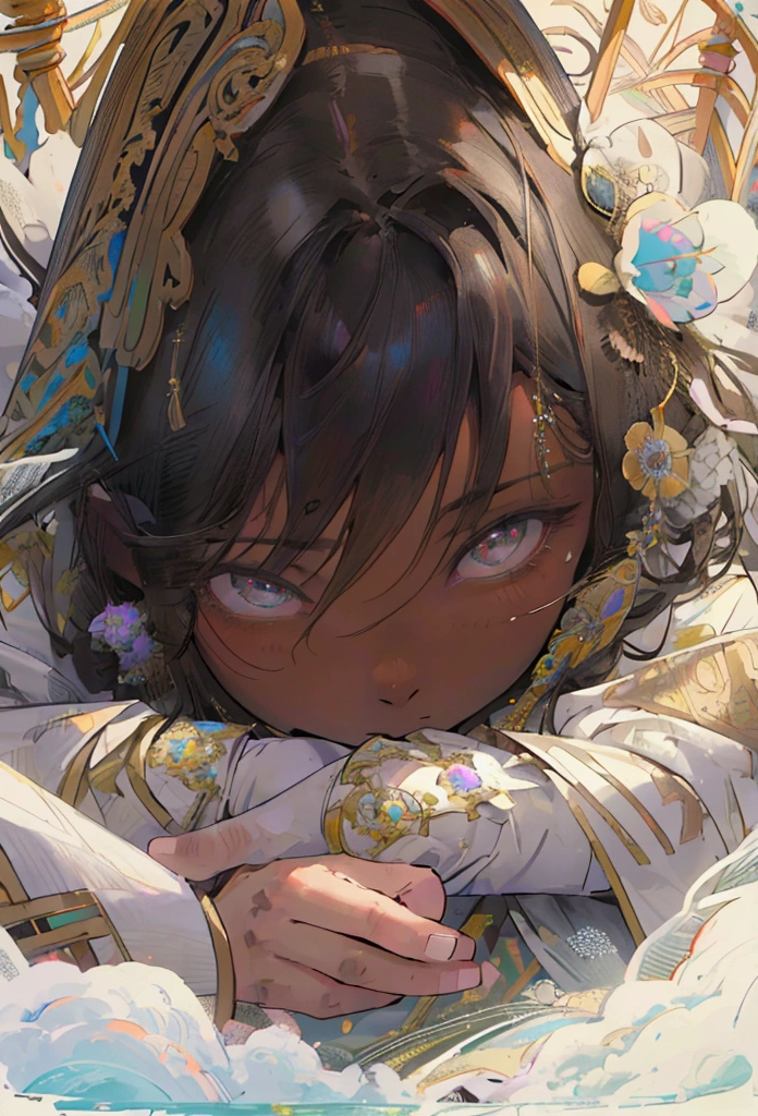 (absurd, high resolution, very detailed, hdr), ((best quality)), ((masterpiece)), (detailed), A male, 1male, Looks beautiful, soft features, a-cup like , visual bulge, brown skin, long black hair, sharp eyes, kissable lips, small waist, curvy hip, plush thighs.