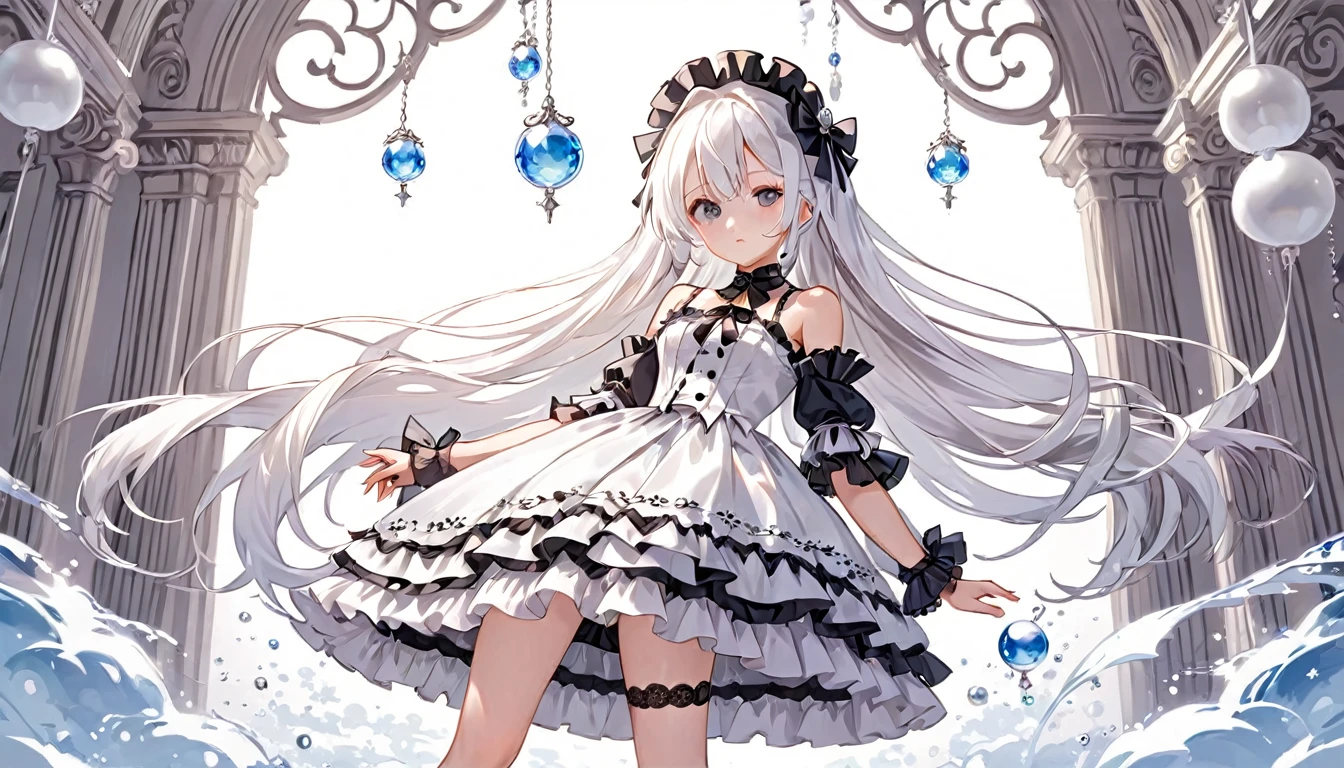 ultra-detalled,Cute , Long white hair, Silver eye, Bare shoulder Lolita,White clothes,whole body,decision
