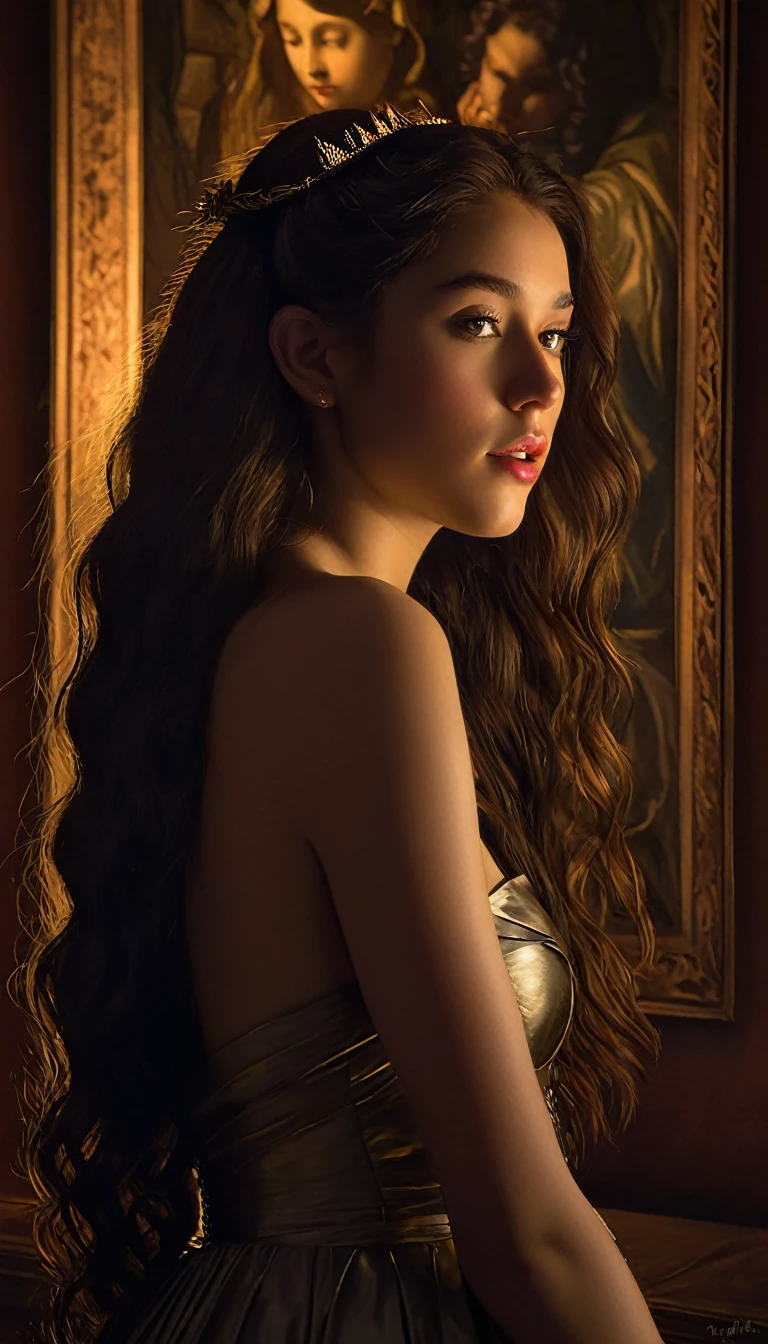 A hyper-realistic painting of a serene and elegant girl, viewed from a low angle. The setting is a beautifully detailed age girl's bedroom. The chiaroscuro lighting enhances the depth and texture of the scene, with high contrast, vivid colors, and moderate saturation bringing the girl into sharp focus. Surrounding the scene is a poster with an ancient era theme. A dark, sinister figure resembling a demon is seen whispering into the girl's ear, adding an element of tension to the serene environment. The soft lighting adds warmth and richness, emphasizing the detailed Renaissance techniques of Leonardo da Vinci, Michelangelo, Raphael, Donatello, and Botticelli, blended with modern hyper-realistic painting for an HD quality, natural look