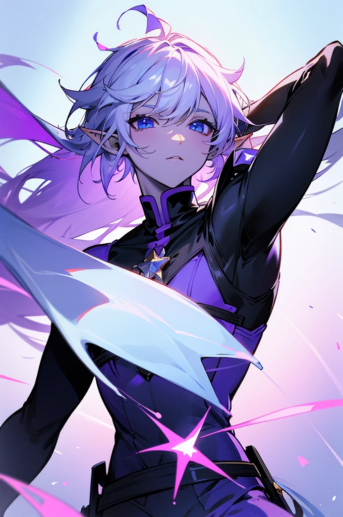 Create a vtuber boy who is a star elf and has white hair purple and blue eyes blue and purple skin black clothes 
