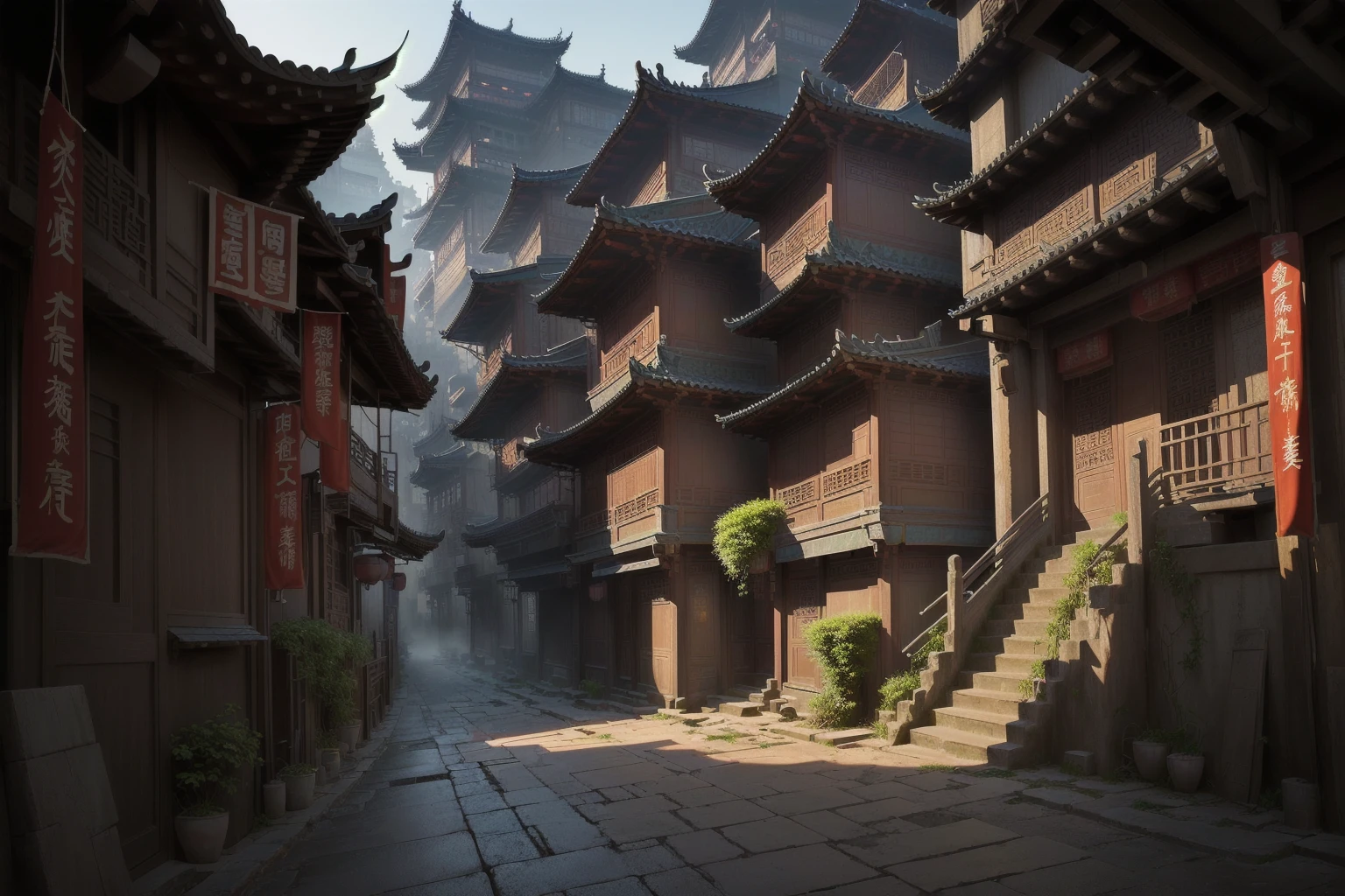 there is a narrow street,There are many buildings and plants, Dream China Town, china village, andreas rocha style, Cyberpunk ancient Chinese castle, Beautiful rendering of the Tang Dynasty, ancient city landscape, The ancient city streets behind her, author:Victor Wang, old asian village, Inspired by Zhang Sengyao, Pan Chengwei on artstation, In an ancient city , ((low angle shot 1.7)) ((Camera lens close to the ground to shoot 1.8))