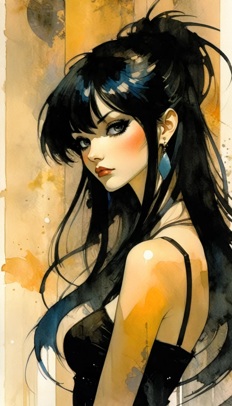 A beautiful illustration of a sexy girl, long black hair and bangs, wearing earrings and dark, anime style, a full body portrait, delicate facial features, light background, ink painting style. , flat color, high definition., (art inspired by Bill Sienkiewicz).