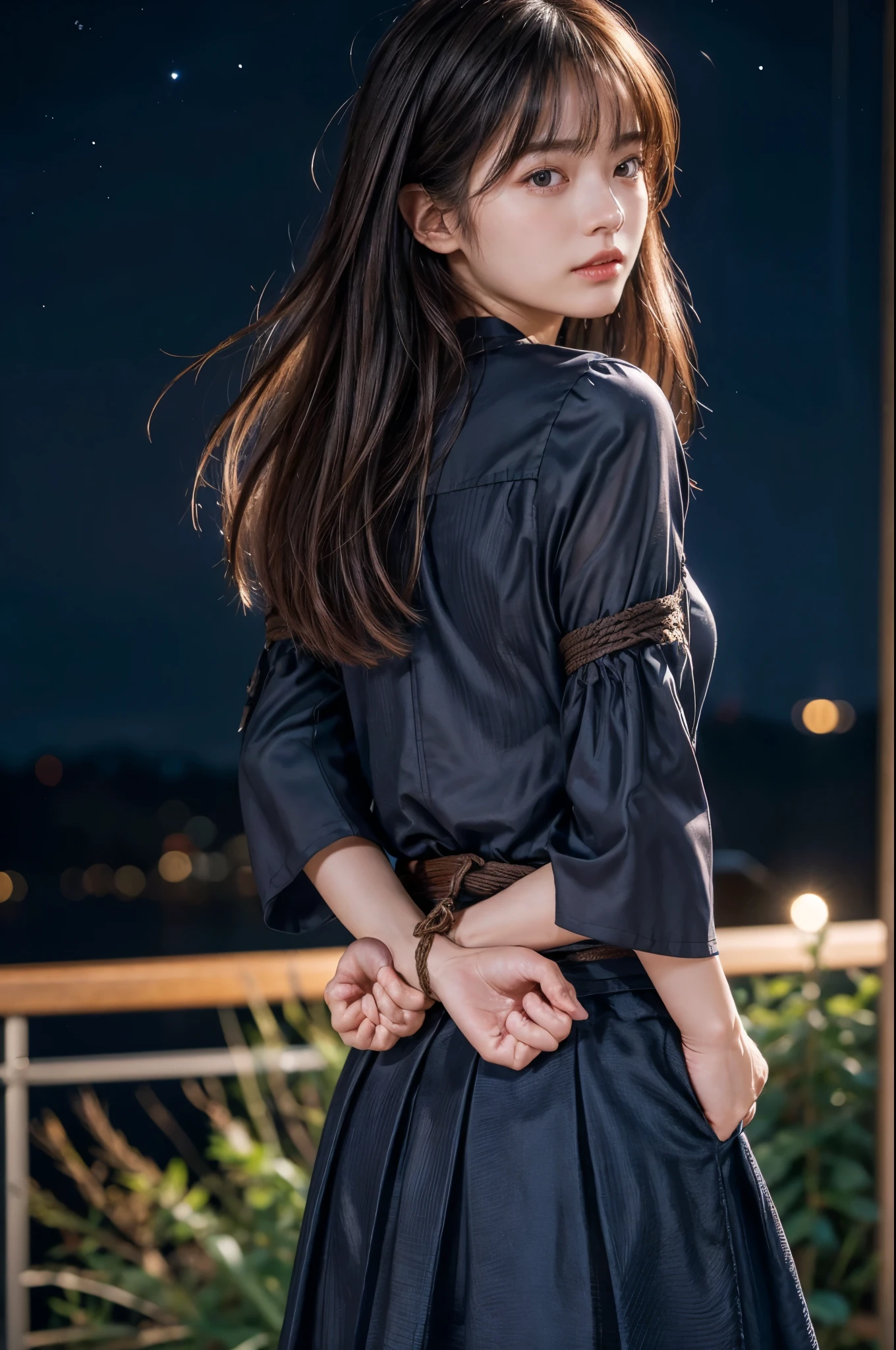 The woman has her hands tied、((Put your hands behind your back))、((Place your hands together and cross them behind your back))、(((Her wrists are tied with rope)))、shibari、Beauty、20age、university student、(anatomicaly, Has two arms and two hands)、Standing on a hill at night、There are a lot of trees、Beautiful night sky、There are many stars、A strong wind is blowing、Wearing a short-sleeved blouse、Wear a long skirt、Uniform eyes、Proportioned proportionedium build、Small breasts、Small face、(I can see from head to heel), Black Hair, bangs, swept bangs, Straight hair, Nervous, Messy Hair, Floating hair, Cinema Lighting, tachi-e, First-person view, throw, From behind, F/1.2, Nikon, Cowboy Shot, Surrealism, 超High resolution, Highest quality, High resolution, 8k, Textured skin, anatomicaly正しい体,