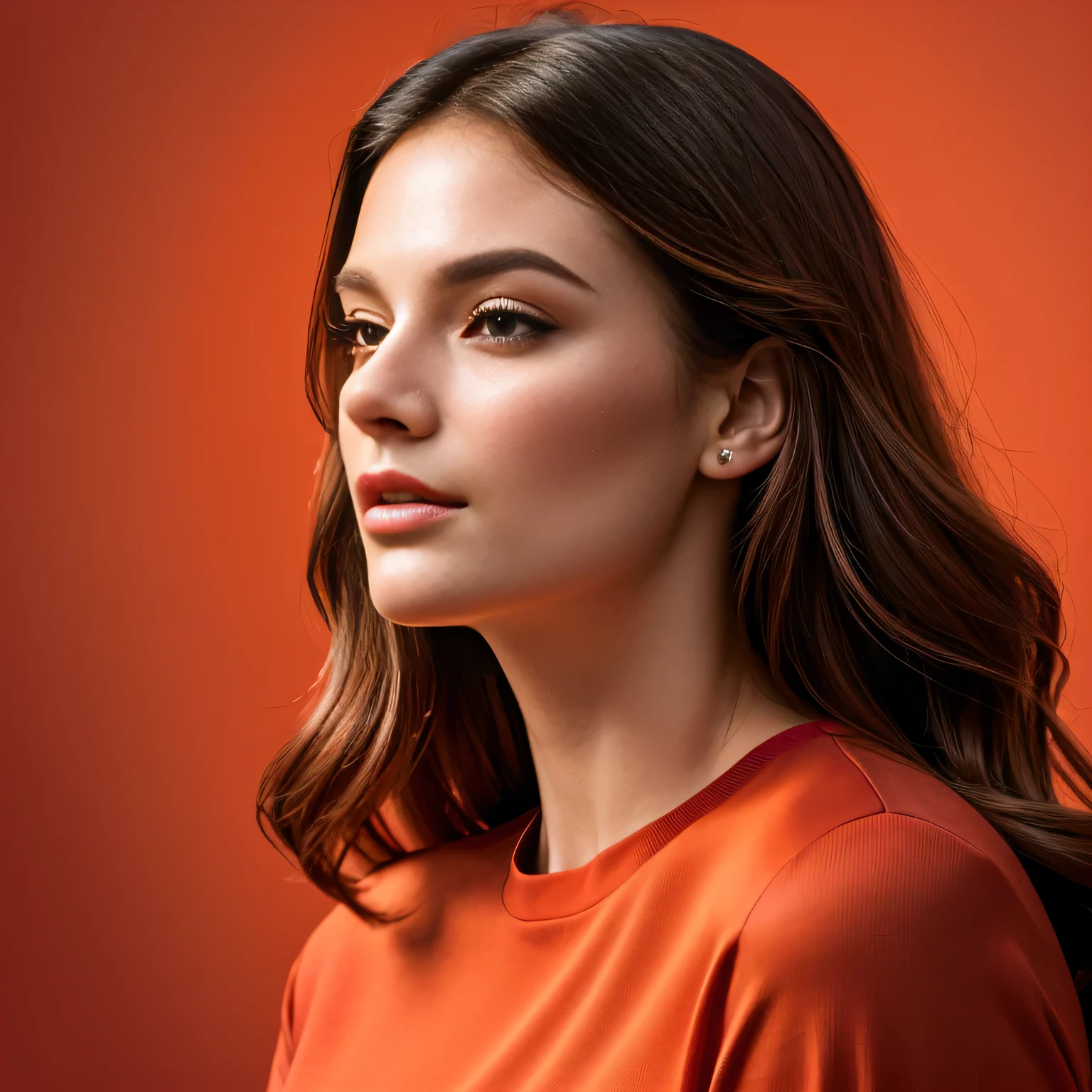 arafed woman in a red shirt looking off to the side, high quality portrait, realistic portrait photo, profile portrait, editorial portrait, color portrait, digital art of an elegant, detailed color portrait, beauty woman with detailed faces, portrait of a beautiful model, in front of an orange background, digital art portrait, realistic female portrait, digital illustration portrait, beauty retouch