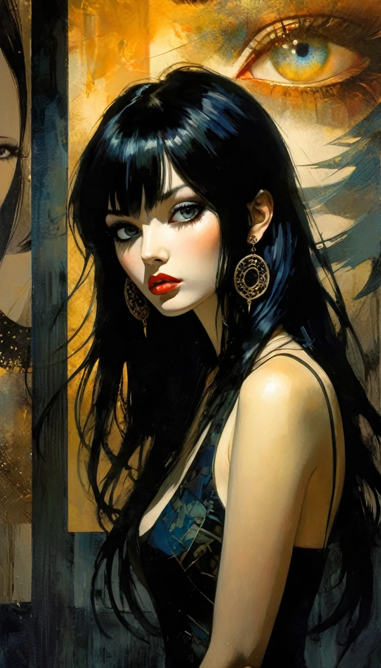A beautiful illustration of a sexy girl, long black hair and bangs, wearing earrings and dark, anime style, a full body portrait, delicate facial features, light background, ink painting style. , flat color, high definition., (art inspired by Bill Sienkiewicz). (best quality,4k,8k,highres,masterpiece:1.2),ultra-detailed,(realistic,photorealistic,photo-realistic:1.37),intricate details,vivid colors,sharp focus,professional,Dave McKean artwork, oil touch of surrealism,oil painting style,portrait,woman,beautiful detailed eyes,beautiful detailed lips,dreamlike atmosphere,shadow play,soft lighting,playful pose,minimalist room,dark hues,ethereal background,fantasy elements,texture,layered composition.