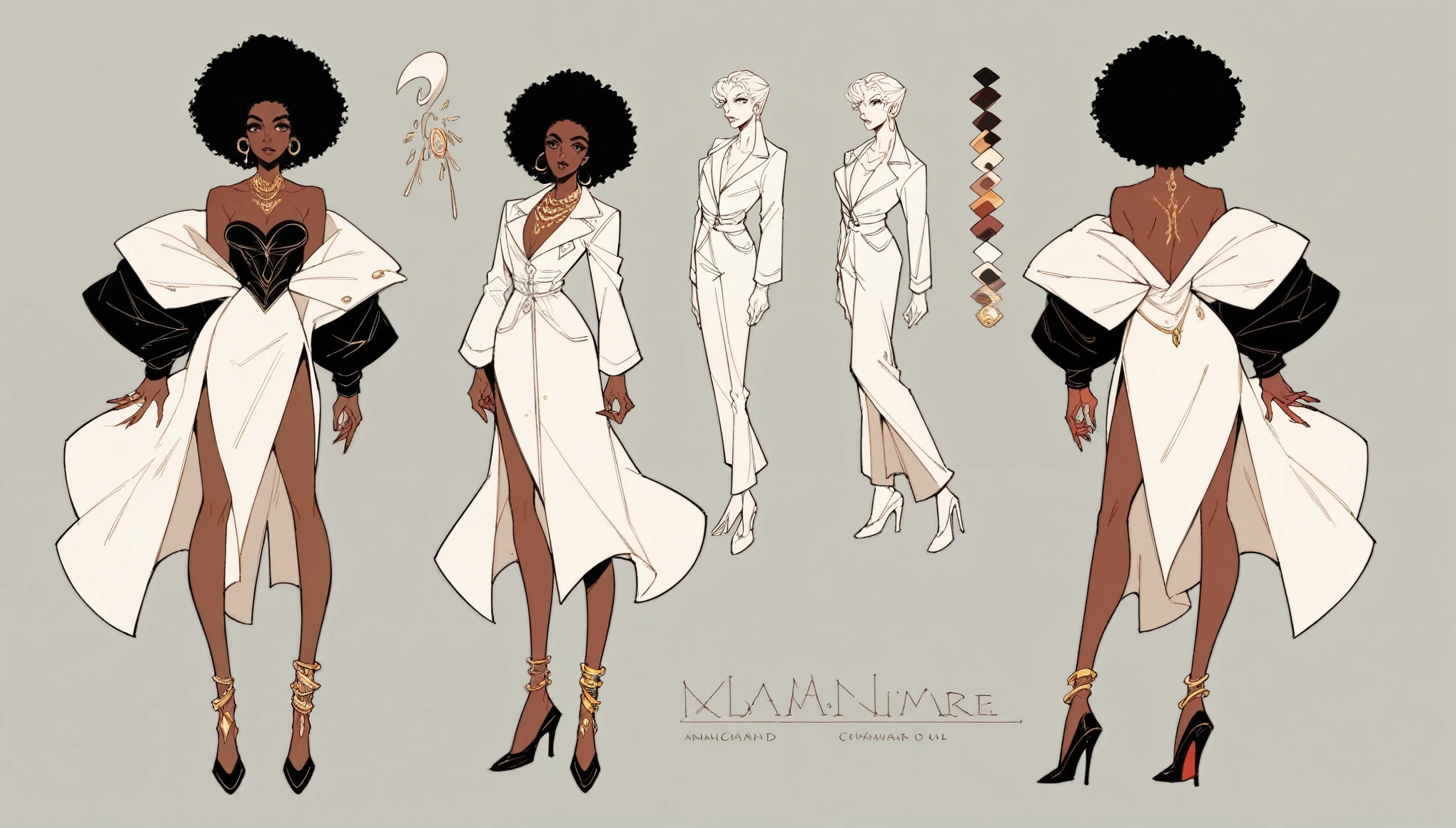 Vampire Hunter D style, black woman, model sheet, character turn around, fashion, afro, oversized white suit jacket, high heals, bottomless, beautiful woman, long legs, sexy, coat dress, gold jewelry, elegance