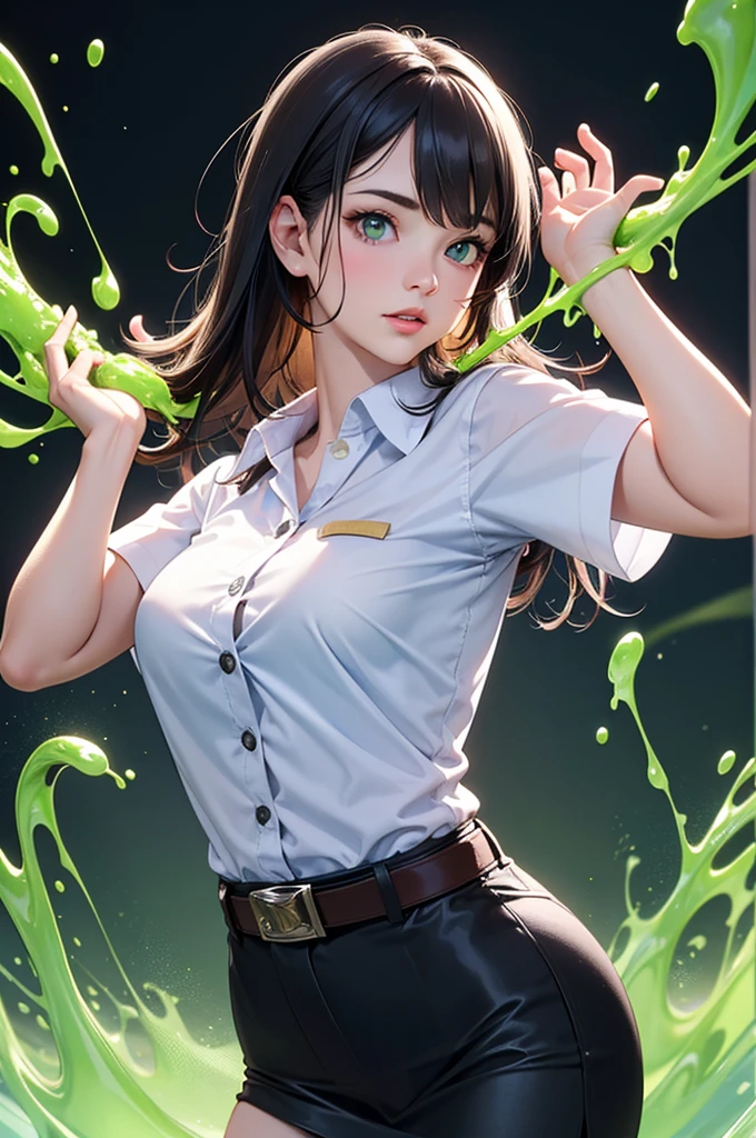 1girl, white short-sleeve button up shirt, black torn tight mini skirt, brown suede belt, metal shirt buttons, metal plate modern belt buckle, neon green slime splashing around:1.2, upper body shot, masterpiece, high quality, high resolution, 8k, high detailed, superrealistic, neon green slime all over her:1.2, dynamic pose, lots of neo green slime:1.3, sticky green water:1.3