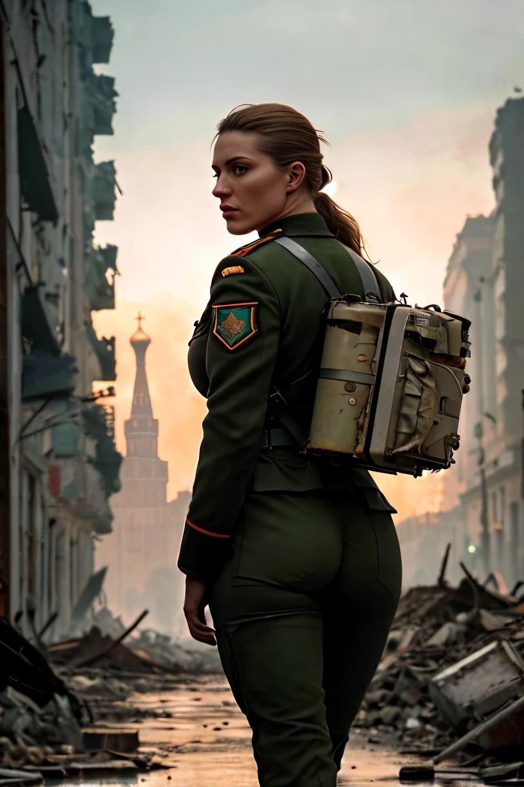 (cinematic lighting:1.1), rear angle, masterpiece, highest quality, post-apocalypse,  a (Woman Russian soldier walking down the streets and through the rubble of a destroyed Moscow), candid, athletic body, (big ass), [wide hips], wearing military uniform, soft shadows, destroyed buildings, grimdark, dull colors, photographed on a Nikon Z9, 100mm F2.8 L Macro lens, (highly detailed, intricately detailed), film grain, HDR, 8k, Cinestill 800T, from behind, film still from Fail-Safe