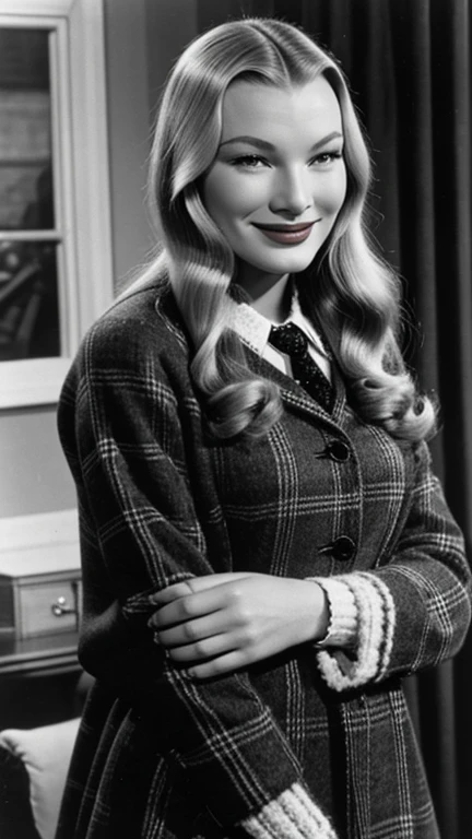 Veronica Lake dressed in woolen clothes and smiling