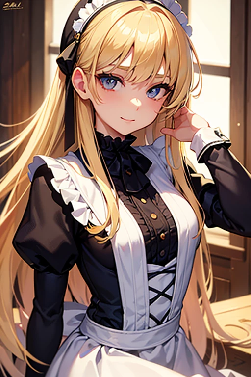 Beautiful 18 year old girl, eyes large, breasts big, small and slender, 8k, Maximum quality, (very detailed head: 1.0), (very highly detailed face: 1.0), (very detailed hair: 1.0), maid clothes, very detailed official art, anime moe art style, clean and detailed anime art, ssmile, golden hair, long straight hair