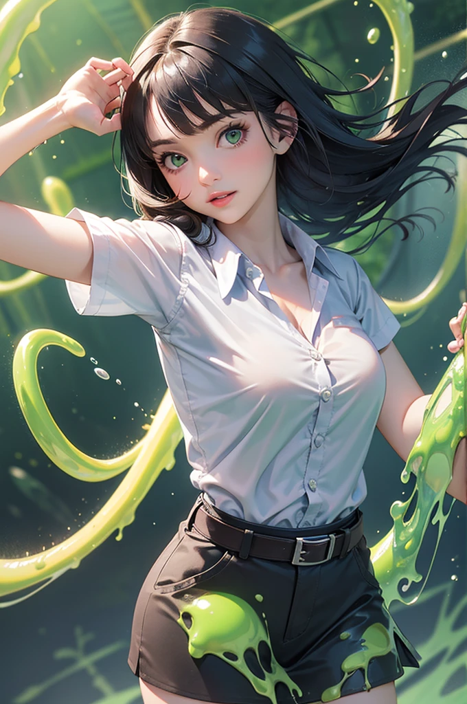 1girl, white short-sleeve button up shirt, black torn tight mini skirt, brown suede belt, metal shirt buttons, metal plate modern belt buckle, neon green slime splashing around:1.2, upper body shot, masterpiece, high quality, high resolution, 8k, high detailed, superrealistic, neon green slime all over her:1.2, dynamic pose, lots of neo green slime:1.3, sticky green water:1.3