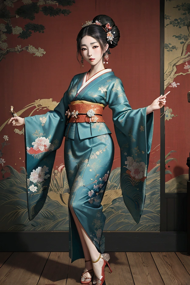((best quality)), ((masterpiece)), (detailed), ((best quality)), ((masterpiece)), (detailed), full body shot, beautieful ancient japanese Geisha, colorful clothes, painted face, dark ambience, geisha dancing flamenco, japanese room design background