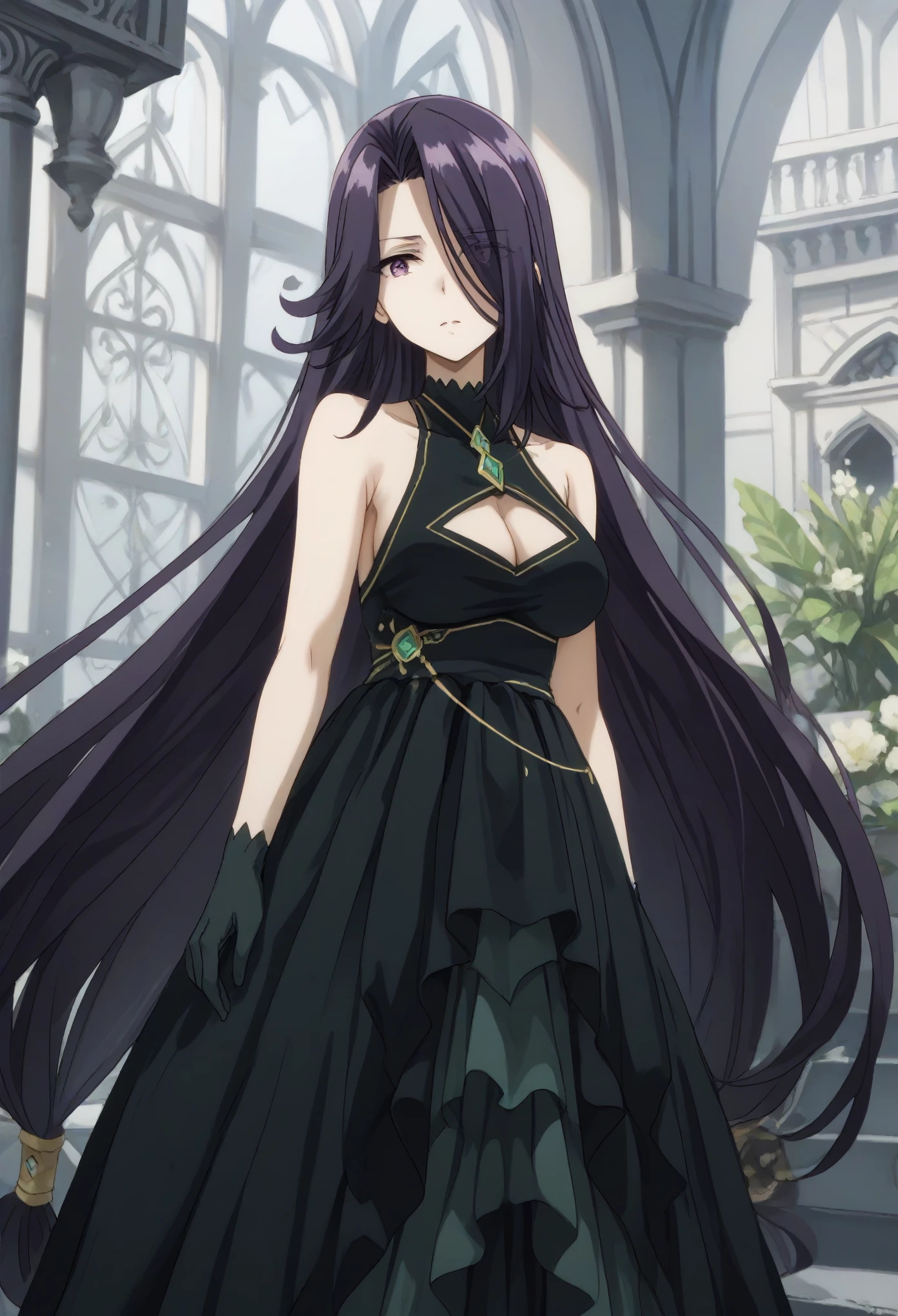 aurora, long hair, purple hair, very long hair, purple eyes, hair over one eye,gloves, dress, cleavage, bare shoulders, sleeveless, black gloves, black dress, clothing cutout, cleavage cutout,
