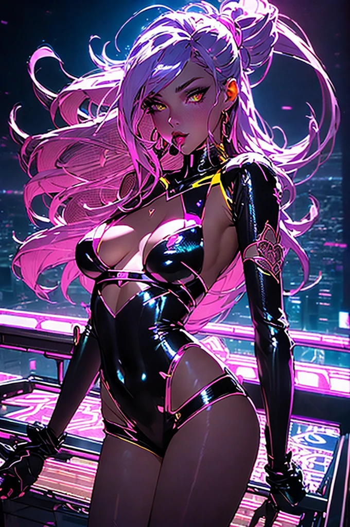Beautiful, women, Cara sexy, yellow eyes, by white, Skinny body, pose sexy, pink stockings, mecha, neon sign, led night city, seen from above, high quality, realist, beautiful light, full detail, fondo negro long purple hair mini skirt and lace top with her tongue out