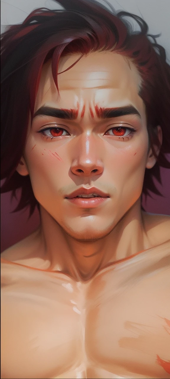 Red Hair, smooth kimono nineteen years japanese anime 2d red eyebrows scar on chest young man physique regulates without towel 