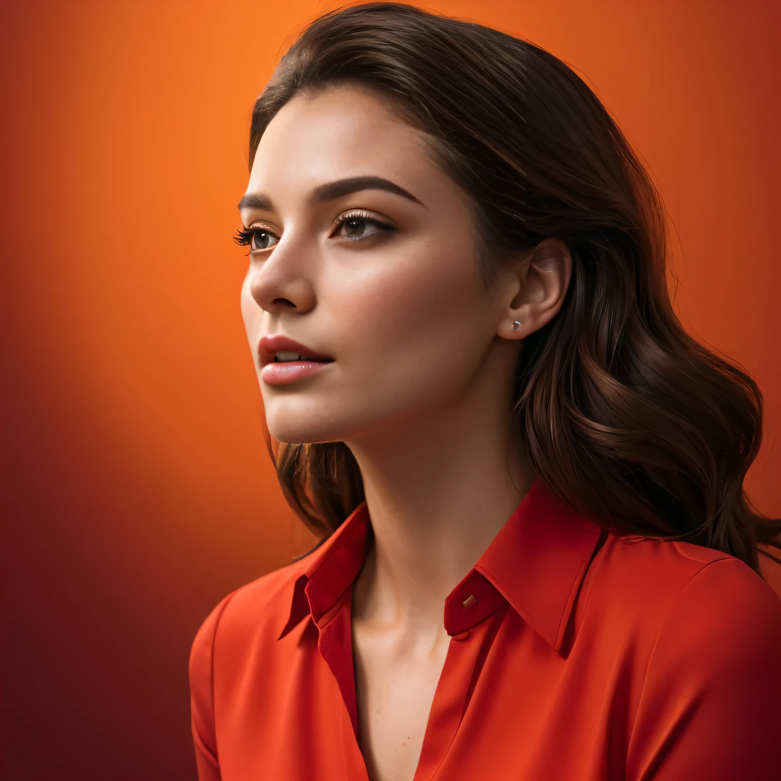 arafed woman in a red shirt looking off to the side, high quality portrait, realistic portrait photo, profile portrait, editorial portrait, color portrait, digital art of an elegant, detailed color portrait, beauty woman with detailed faces, portrait of a beautiful model, in front of an orange background, digital art portrait, realistic female portrait, digital illustration portrait, beauty retouch