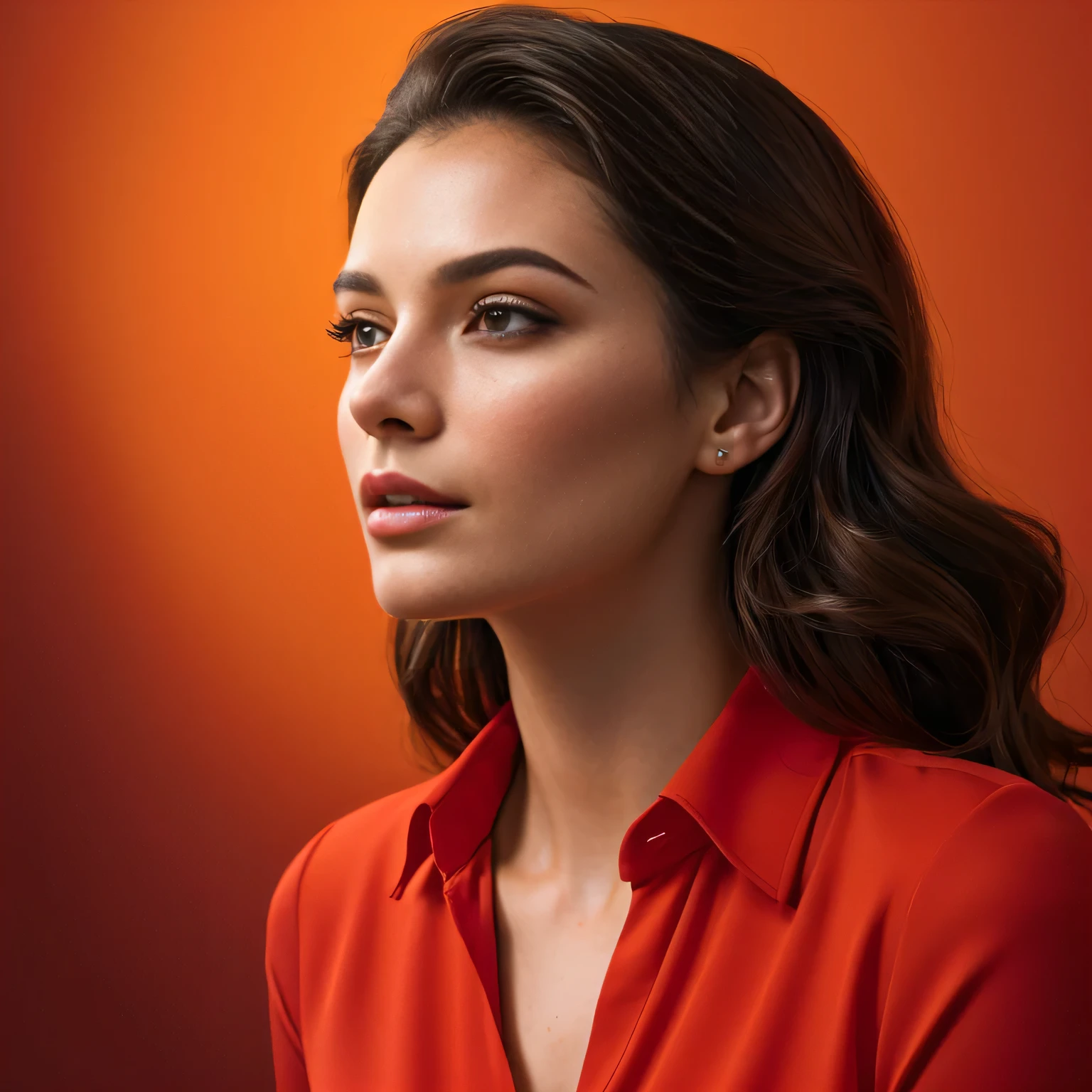 arafed woman in a red shirt looking off to the side, high quality portrait, realistic portrait photo, profile portrait, editorial portrait, color portrait, digital art of an elegant, detailed color portrait, beauty woman with detailed faces, portrait of a beautiful model, in front of an orange background, digital art portrait, realistic female portrait, digital illustration portrait, beauty retouch