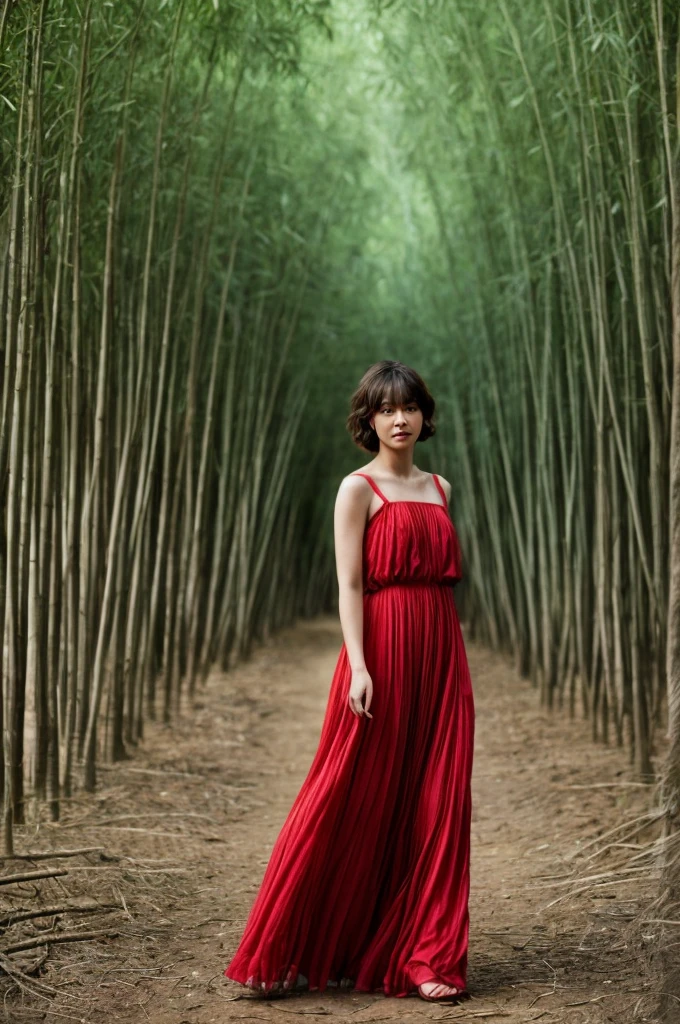 (full-length shot:1.5), (Best quality:1.3), 23y, 1girl, indonesian, (big breast), (red maxi dress), (cute face:1.4), wavy short hair blowing in the wind, (bangs:1.2), posing in the bamboo forest, dramatic moment, kodacrhome, cinematic dark lighting, beautiful shadow and sunlight expossure, aesthetic, ultra highres, sharp focus, highly detailed, realistic face and skin, surreal view, shot by eos c with 35mm lens f2.0, (angle shot fom below:1.3), Portrait by annie leibovitz, perfect anatomy, perfrect object