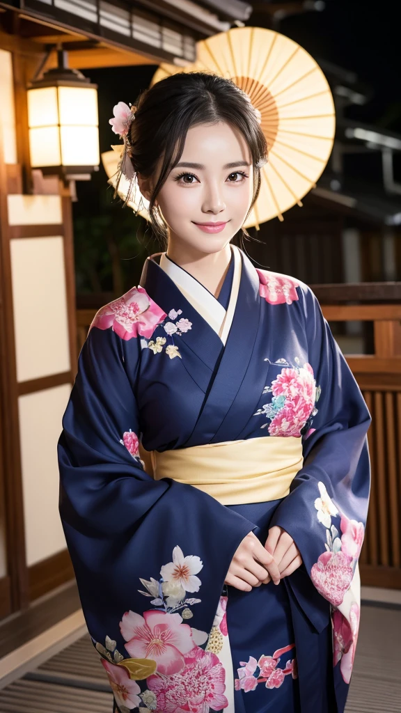(Super beautiful woman in kimono)、((highest quality、8K masterpiece:1.3))、sharp focus:1.2、(super beautiful face:1.0)、(shiny skin:1.0)、realistic pictures、black hair、video lighting、High resolution eyes and face、video lighting、japanese actress、from the front、with a happy smile、whole body、wearing a kimono、in Kyoto、(luxury obi)、with a fan、Fireworks Display