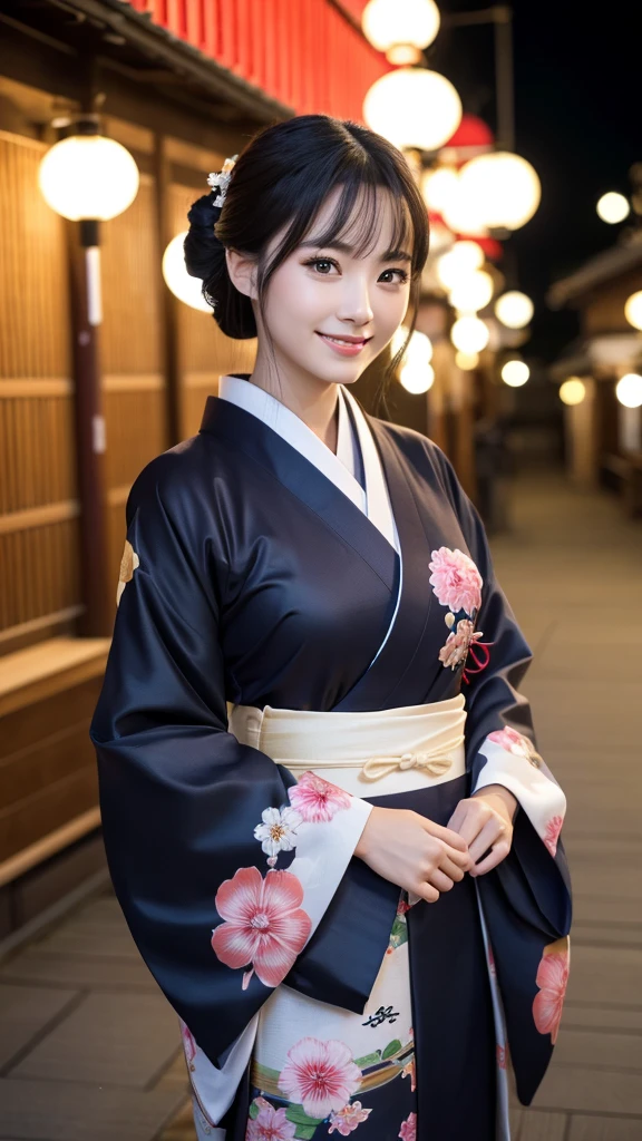 (Super beautiful woman in kimono)、((highest quality、8K masterpiece:1.3))、sharp focus:1.2、(super beautiful face:1.0)、(shiny skin:1.0)、realistic pictures、black hair、video lighting、High resolution eyes and face、video lighting、japanese actress、from the front、with a happy smile、whole body、wearing a kimono、in Kyoto、(luxury obi)、with a fan、Fireworks Display