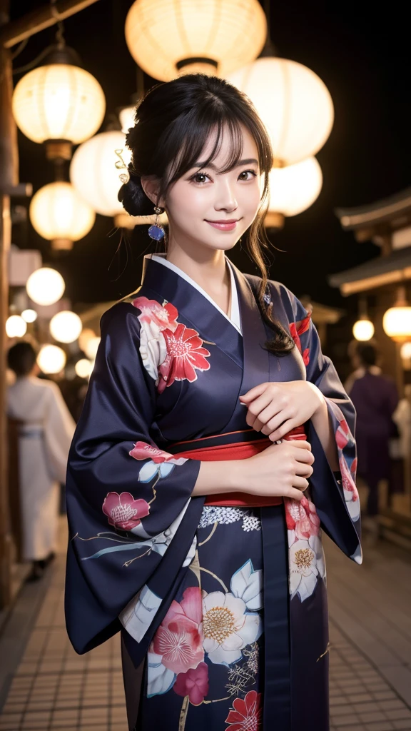 (Super beautiful woman in kimono)、((highest quality、8K masterpiece:1.3))、sharp focus:1.2、(super beautiful face:1.0)、(shiny skin:1.0)、realistic pictures、black hair、video lighting、High resolution eyes and face、video lighting、japanese actress、from the front、with a happy smile、whole body、wearing a kimono、in Kyoto、(luxury obi)、with a fan、Fireworks Display