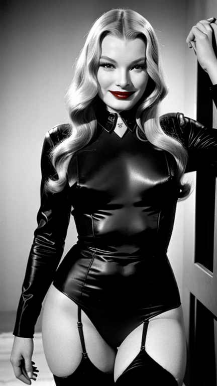 Veronica Lake dressed in sexy guardian clothes with lipstick and smiling