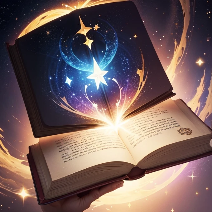 A charming logo representing an open magical book, with sparkles and stars coming out of your pages, Creating a sense of magic and adventure.