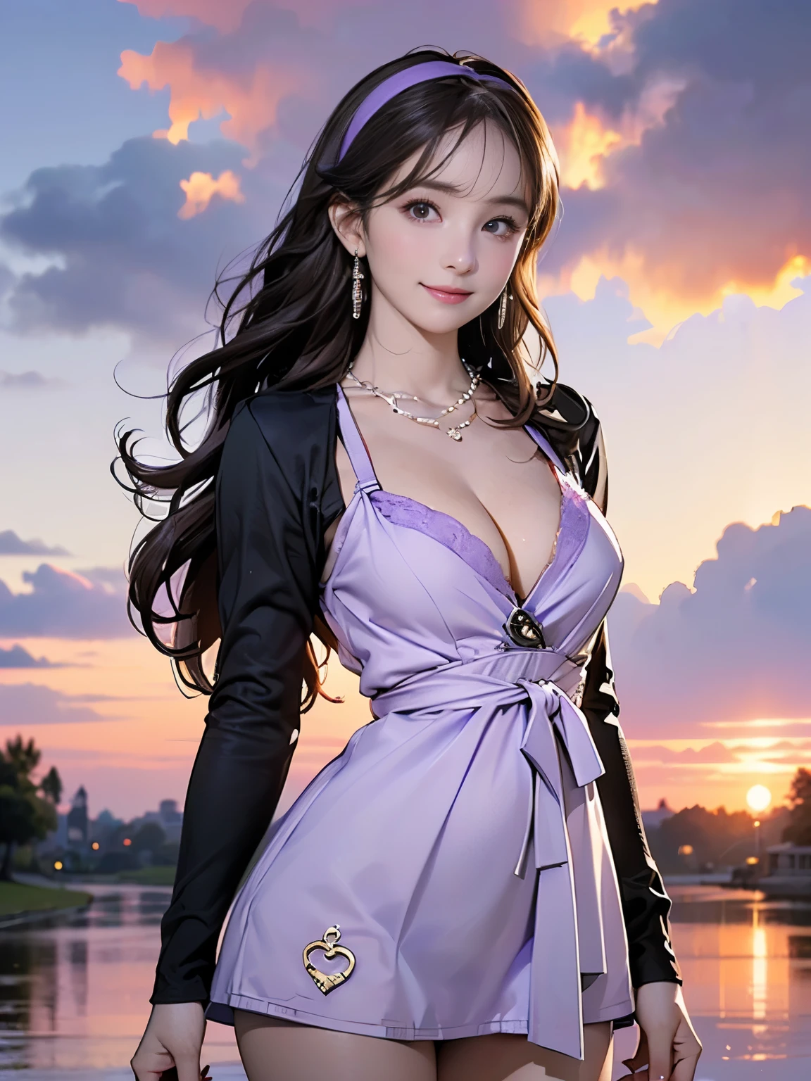 ((((Highest quality))))、(((Ultra-precision CG16K wallpaper)))、(((masterpiece)))、(((Super detailed)))、(((Extreme detail)))、((1Mature 29 year old woman:1.6))、((Very beautiful Japan face of a person))、((Urizane Face:1.8))、((Medium Straight Hair:1.6))、(Shiny Hair)、A delicately drawn beautiful face、(Dark Eyes、Shining Eyes)、double eyelid、High nose、Small nostrils、Small Mouth、Seductive lips、Beautiful breasts、((B cup size breasts))、Cleavage、Delicate nails、Beautiful feet、((Thin thighs))、eight-headed body、Perfect proportions、Perfect Anatomy、Perfect composition、Beautiful detailed shading、Beautiful, natural lighting、Beautiful detail glow、Depth of written boundary、(((High chroma)))、(((Real:1.9)))、((vivid:1.5))、((Beautiful Skin))、((Skin Texture))、((Realな皮膚感))、(((Cowboy Shot:1.6)))、(((front view、shoot from front、front low angle:1.6)))、(((smile:1.6)))、(((looking at camera:1.6)))、Bright daylight、Natural light、(((background_Park Square、Sky and Clouds:1.5)))、(Walking Pose:1.6)、(((Light purple mini dress:1.6)))、((hair band、necklace、Wearing earrings:1.5))、