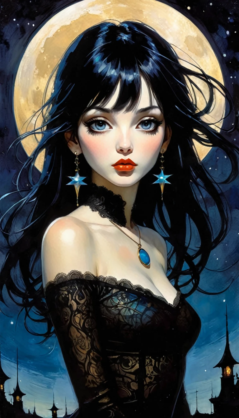 A beautiful illustration of a sexy girl, long black hair and bangs, wearing earrings and dark, anime style, a full body portrait, delicate facial features, magic, fantastic, night sky, moon, stars, background, ink painting style. , flat color, high definition., (art inspired by Bill Sienkiewicz). (best quality,4k,8k,highres,masterpiece:1.2),ultra-detailed,(realistic,photorealistic,photo-realistic:1.37),intricate details,vivid colors,sharp focus,professional,Dave McKean artwork, oil touch of surrealism,oil painting style,portrait,woman,beautiful detailed eyes,beautiful detailed lips,dreamlike atmosphere,shadow play,soft lighting,playful pose,minimalist room,dark hues,ethereal background,fantasy elements,texture,layered composition.