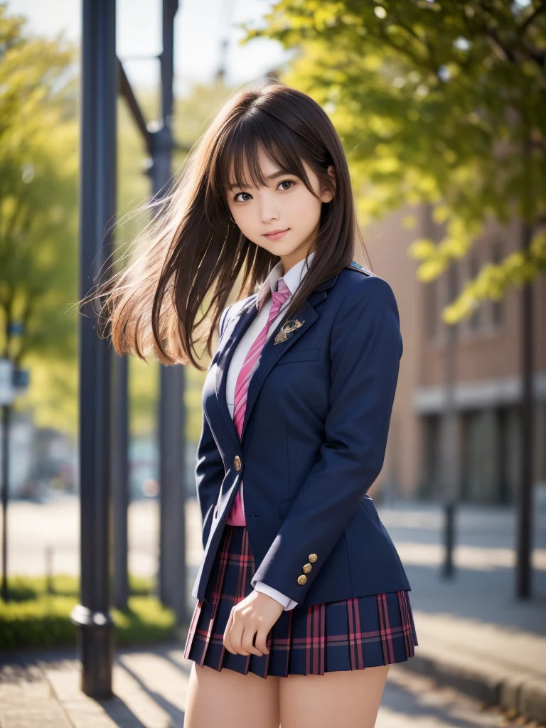 (8k, RAW Photos, highest quality, Tabletop:1.2), (Realistic, Photorealistic:1.4), (Highly detailed 8k wallpaper), Sharp focus, Depth of written boundary,highest quality, ((1 girl)), Very detailed, Beautiful and detailed, (Brown Hair), Natural color lip, (smile), (Wears a navy blue school blazer uniform:1.3), (Long Bob Hair:1.3), Standing in the park, (The wind is blowing、A navy blue and pink checked miniskirt flips up), 18 year old girl, Backlight