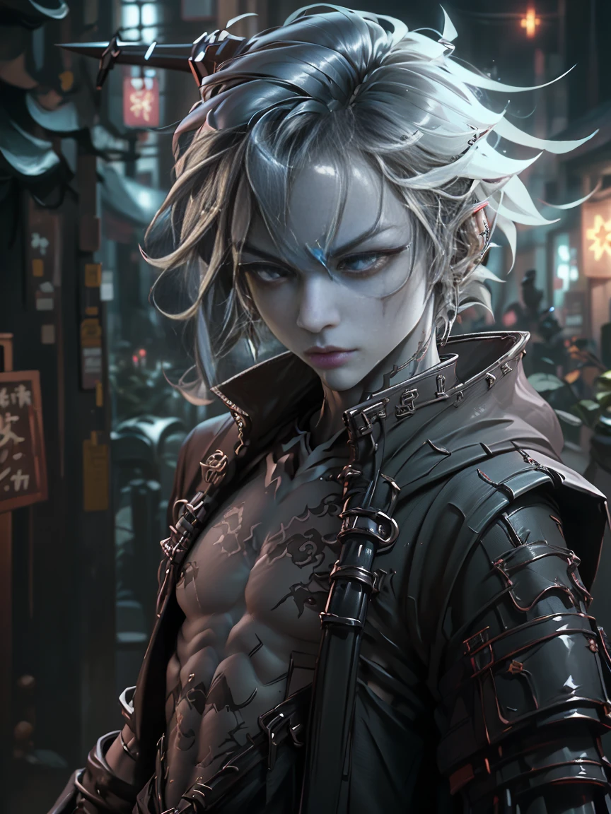 1 male demon with blue skin with very thin horns starting from the forehead, ((hair looking like lightning)) ((with baggy clothes style oriental rpg world)) (perfect human eyes) work of art, best qualityer, (full viwer).