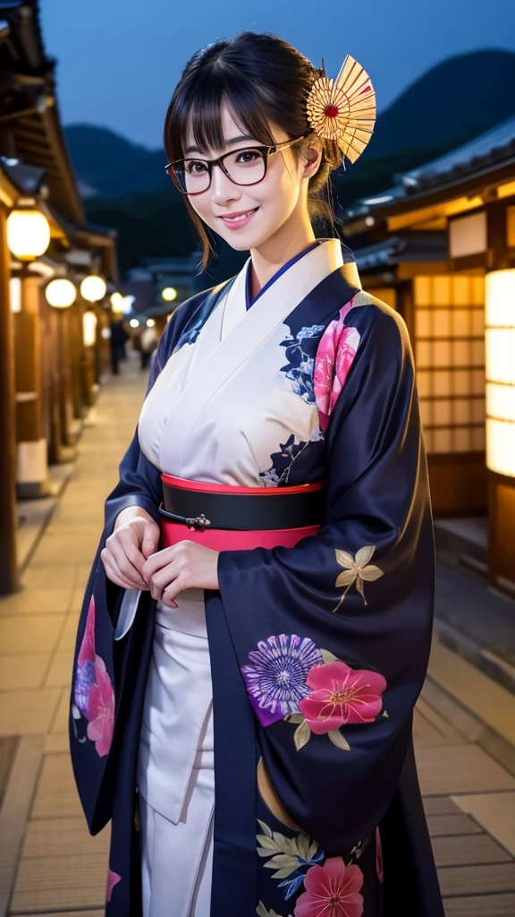 (Super beautiful woman in kimono)、((highest quality、8K masterpiece:1.3))、sharp focus:1.2、(super beautiful face:1.0)、(shiny skin:1.0)、realistic pictures、black hair、video lighting、High resolution eyes and face、video lighting、japanese actress、from the front、big breasts、with a happy smile、Slender abs beauty、whole body、wearing a kimono、in Kyoto、(((luxury obi)))、In Kyoto at night、wearing glasses with no edge、with a fan、Fireworks Display