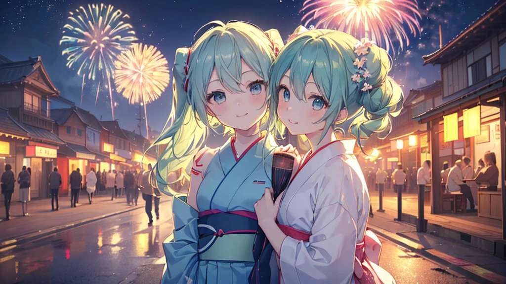 (((Highest quality、masterpiece、Ultra-fine、Ultra-fine、Bun Hair Up,Green Hair,Exquisite、16K、,The best smile,Full HD、Asahi、,Hatsune Miku,))), ((summer,White casual clothes,)))Blue Eyes、Long eyelashes、White skin、(Pale pink lips、Pale pink cheeks、thin and long)、 (((cute,The best smile)), ((One person)) 、(blue sky)) 、 (The sound of the festival, walking through the town at dusk in a yukata, the moment when fireworks bloom in the night sky)、