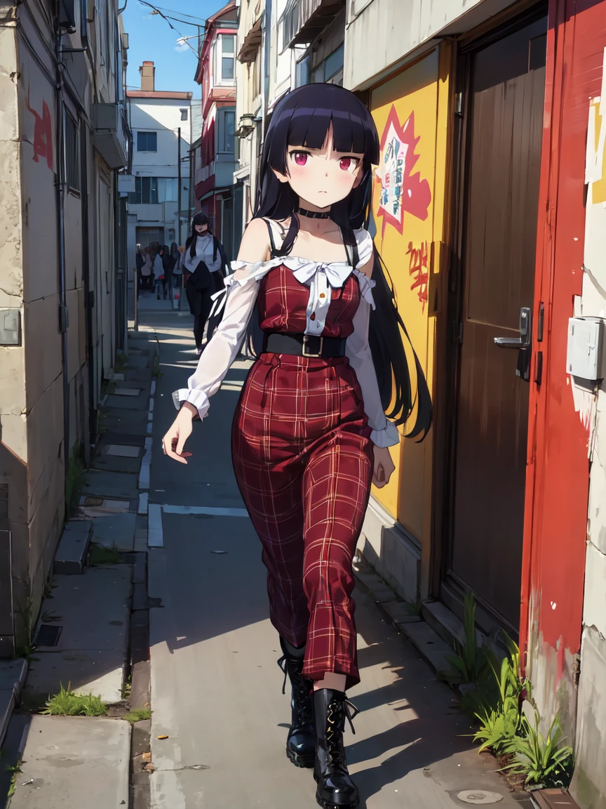 ((ruri gokou)), girl, alone, Hime cut, Black Hair, Mole under eye, long hair, Red eyes, punk, Punk Fashion, Black tops, spiked choker, Red tartan bondage pants, Dr Martens Boots, Heavy eyeliner makeup, masterpiece, Urban Scene、Background of the cityscape、Graffiti wall