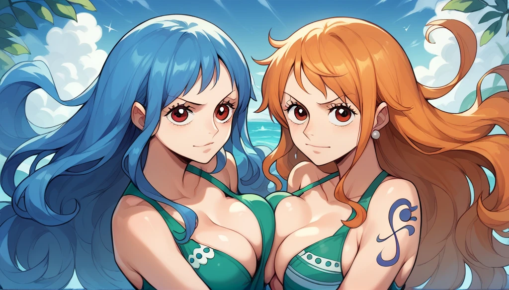 nami from one piece with very long blue hair and very red eyes with water powers