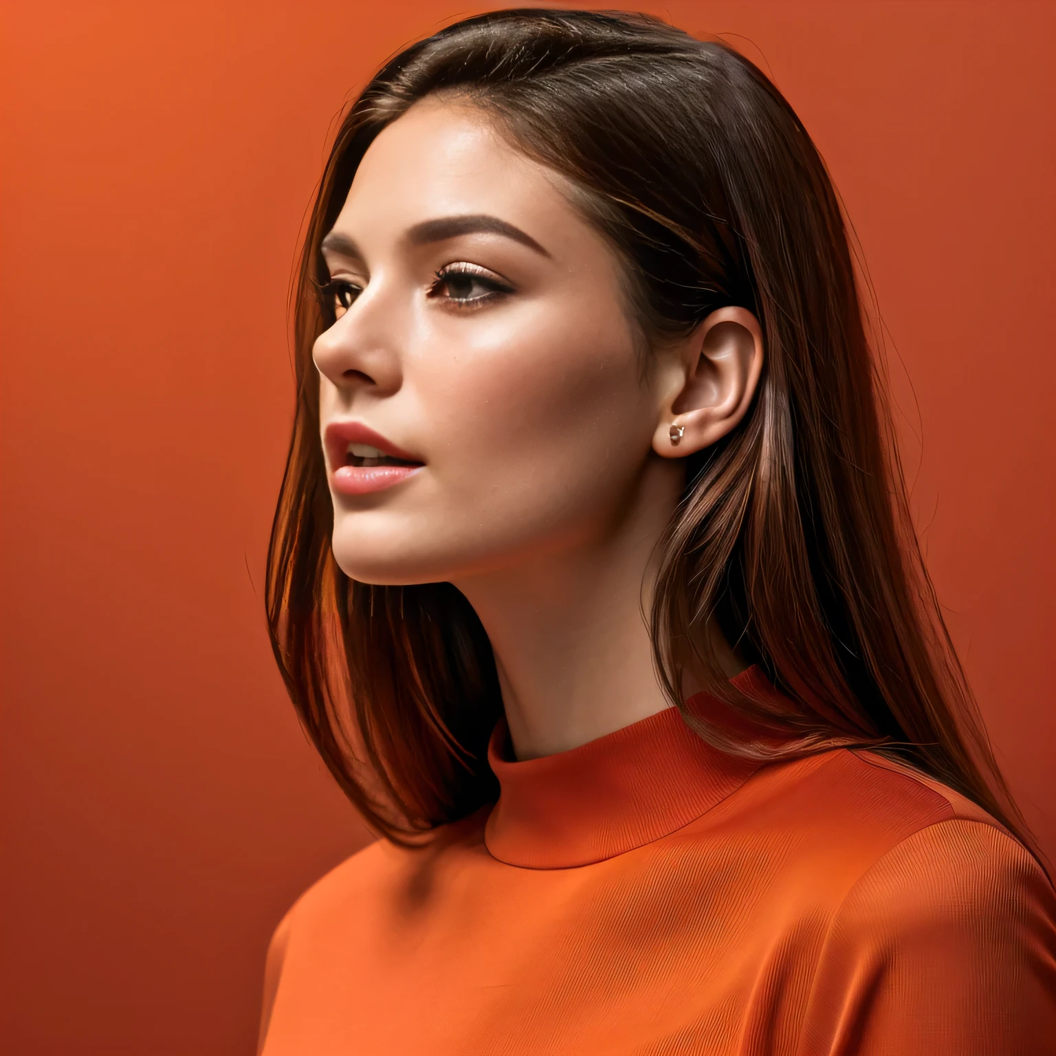 arafed woman in a red shirt looking off to the side, high quality portrait, realistic portrait photo, profile portrait, editorial portrait, color portrait, digital art of an elegant, detailed color portrait, beauty woman with detailed faces, portrait of a beautiful model, in front of an orange background, digital art portrait, realistic female portrait, digital illustration portrait, beauty retouch