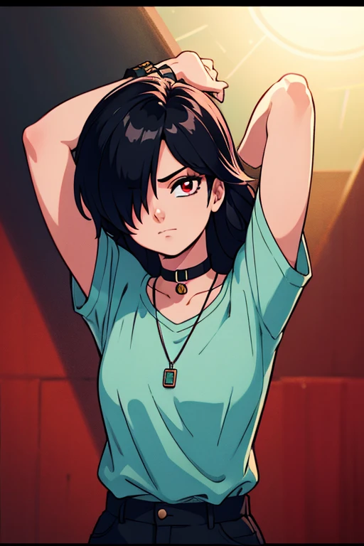 Highest quality, Intricate details, chromatic aberration, One girl, Long Hair, Black Hair, Messy Hair, Red highlights, Hair on one eye, Red eyes, Sharp eyes, choker,, , Armband, Put your arms behind your back, Arms tied,  