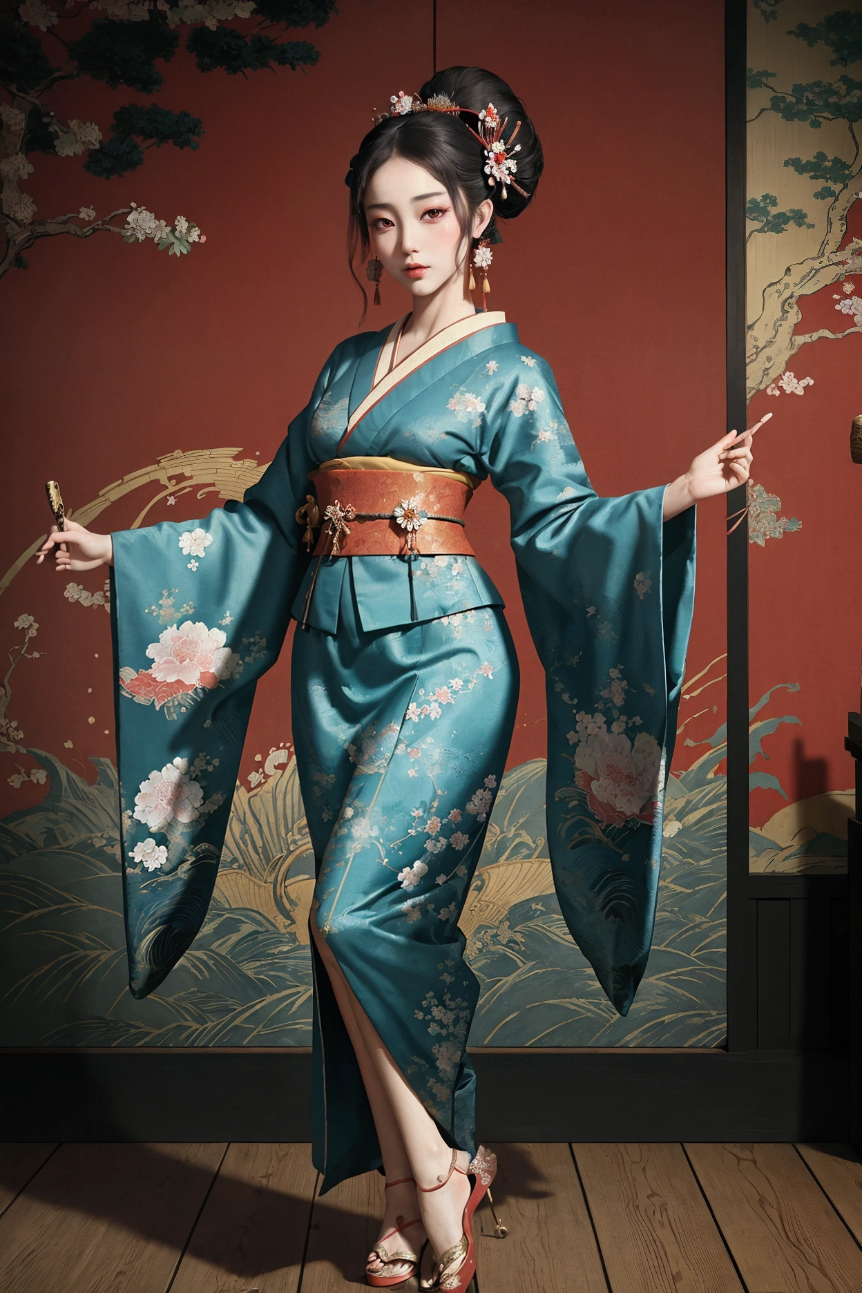 ((best quality)), ((masterpiece)), (detailed), ((best quality)), ((masterpiece)), (detailed), full body shot, beautieful ancient japanese Geisha, colorful clothes, painted face, dark ambience, geisha dancing flamenco, japanese room design background