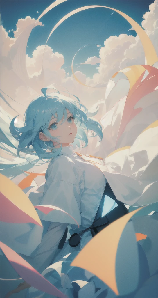 masterpiece, best quality, movie still, 1girl, floating in the sky, cloud girl, cloud, (close-up:1.1), bright, happy, fun, soft lighting, (Bauhaus, shapes, lines, abstract:1.1)