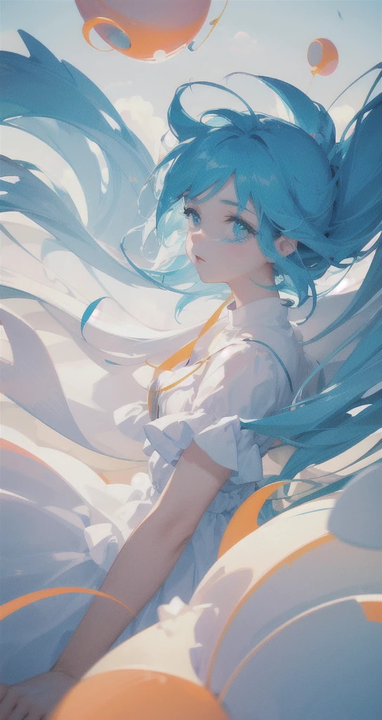 masterpiece, best quality, movie still, 1girl, floating in the sky, cloud girl, cloud, (close-up:1.1), bright, happy, fun, soft lighting, (Bauhaus, shapes, lines, abstract:1.1)