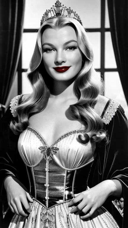 Veronica Lake dressed in sexy queen clothes with lipstick and smiling