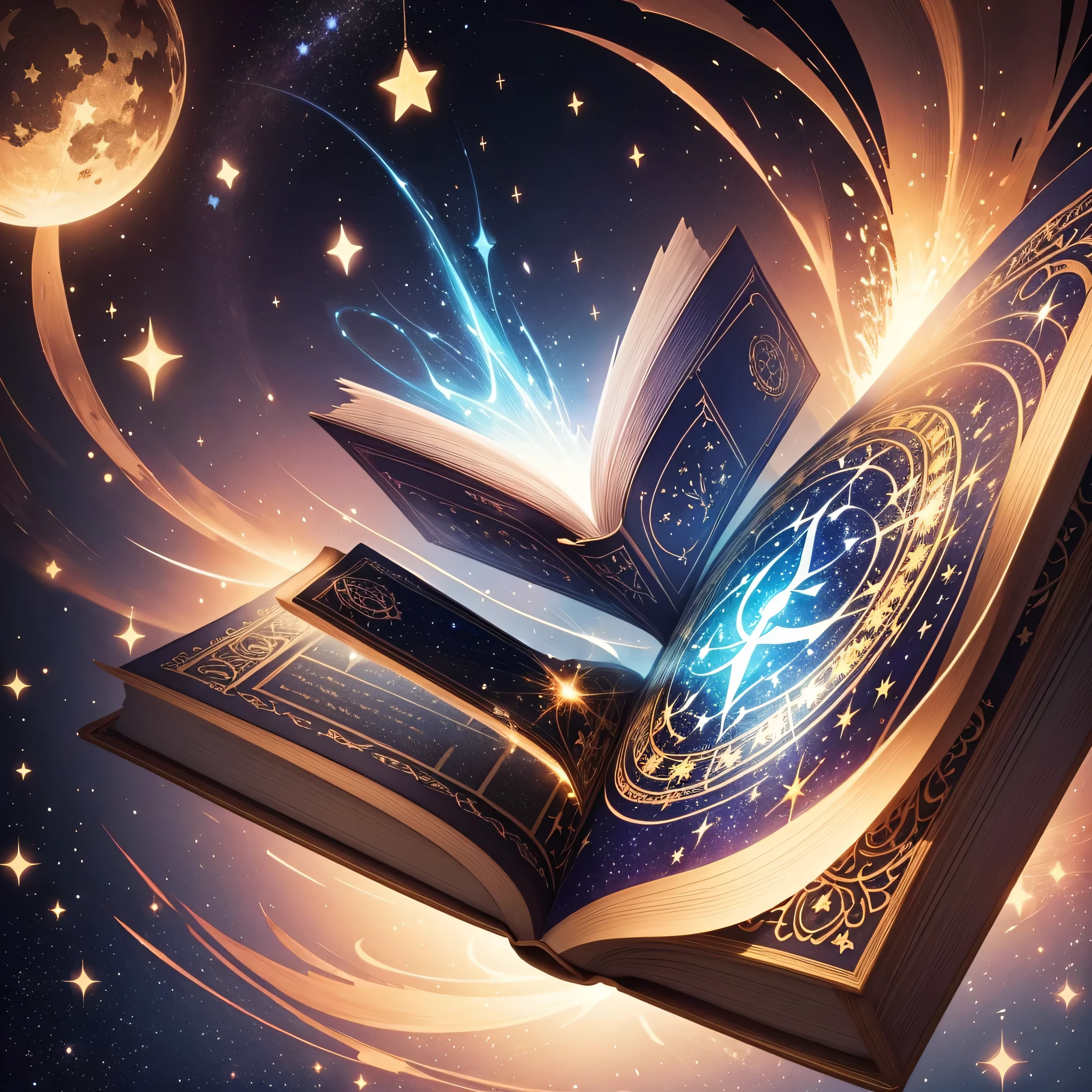 A charming logo representing an open magical book, with sparkles and stars coming out of your pages, Creating a sense of magic and adventure.