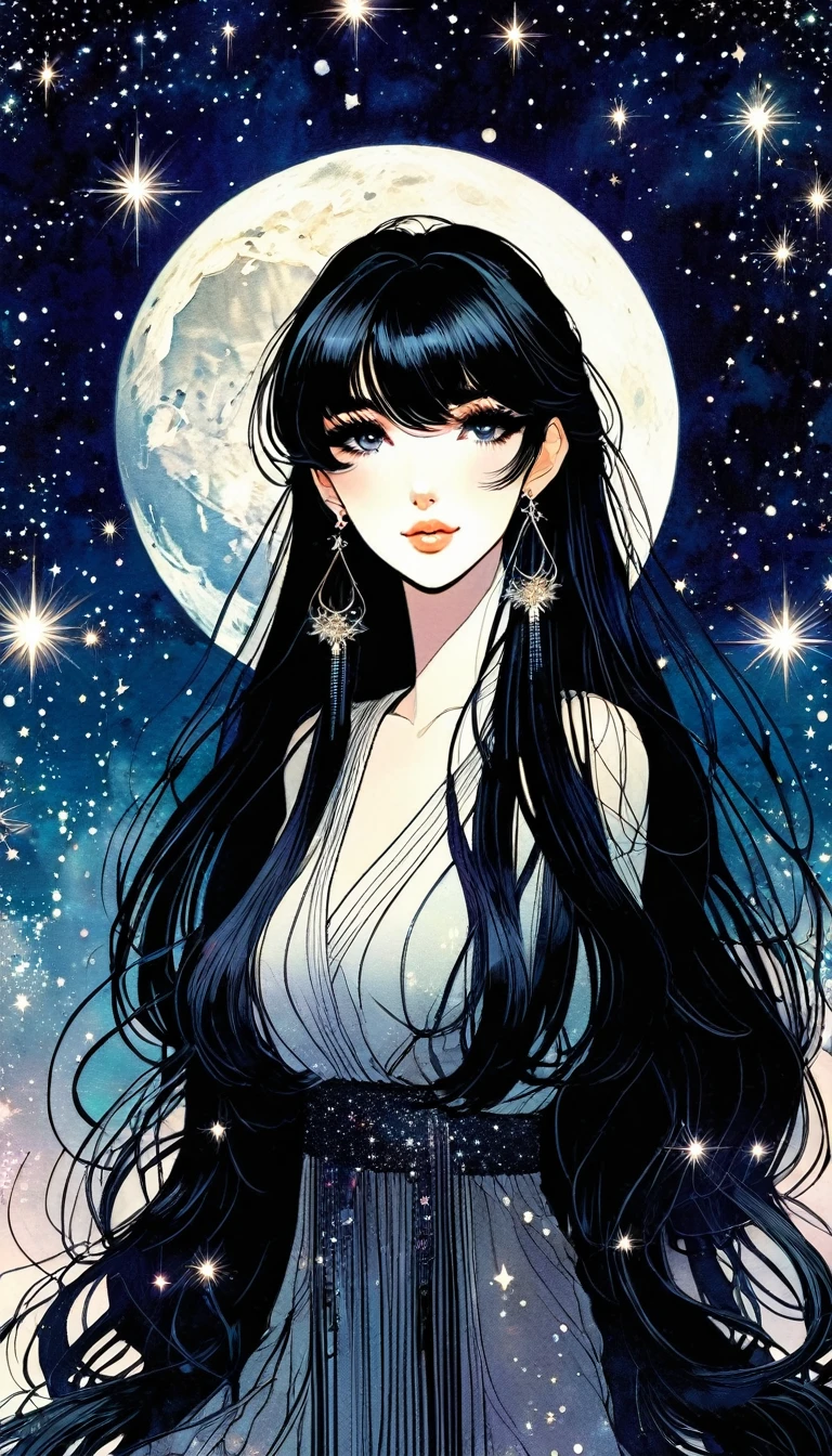 A beautiful illustration of a sexy girl, long black hair and bangs, wearing earrings and dark, anime style, a full body portrait, delicate facial features, magic, fantastic, night sky, moon, stars, background, ink painting style. , flat color, high definition., (art inspired by Bill Sienkiewicz).